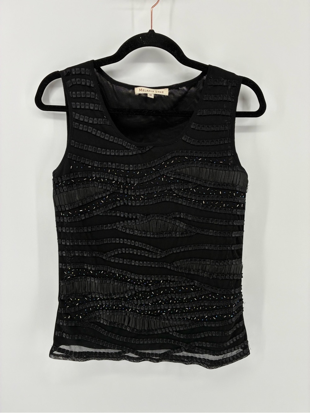 Melanie Lyne Black Beaded Sleeveless Top Sheer Back